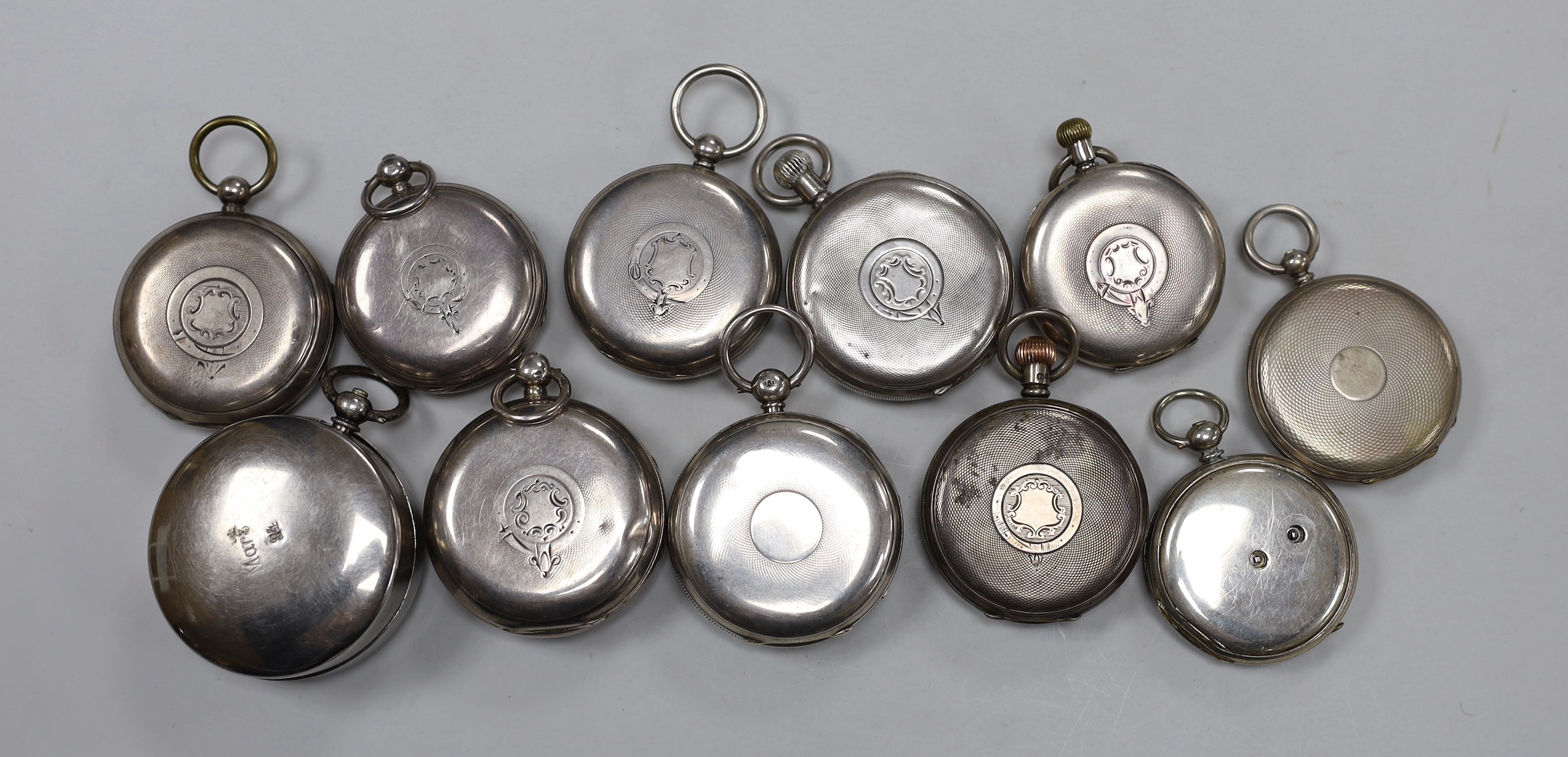 Eleven assorted Victorian and later silver or white metal pocket watches, including The Defiance English Lever, retailed by Graves of Sheffield and Joseph Taylor of Pontefract.